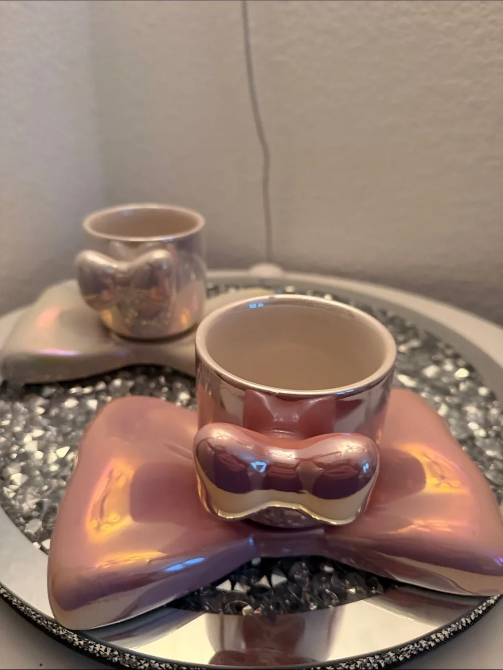 Iridescent Pink Ceramic Bow Teacups - Home Accents